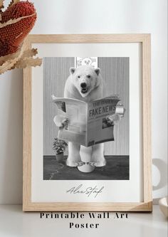 a polar bear is reading a fake newspaper