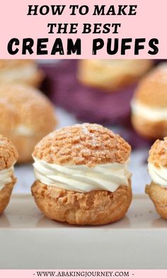 the best cream puffs are on display in front of other pastries