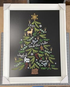 a christmas tree painted on a black board