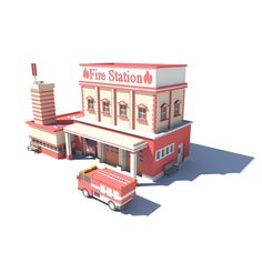 a fire station with a red and white truck in front of it on a white background