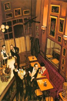 a painting of people sitting at tables in a restaurant, one man is serving food to the other