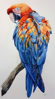 a drawing of a colorful parrot sitting on a branch with its wings spread wide open