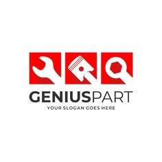 the logo for geniuspart is designed in red and black, with an image of tools