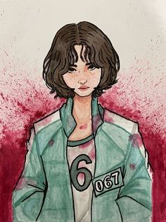 a drawing of a woman with the number six on her shirt