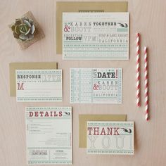 the wedding stationery is laid out with candy canes, tickets and other items