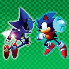 two sonic and tails characters are facing each other in front of a checkered background