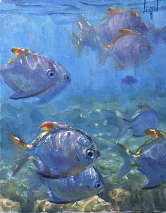 an oil painting of fish swimming in the ocean