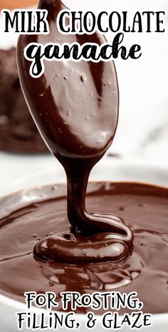 melted chocolate ganache for frosting, filling and glaze with text overlay