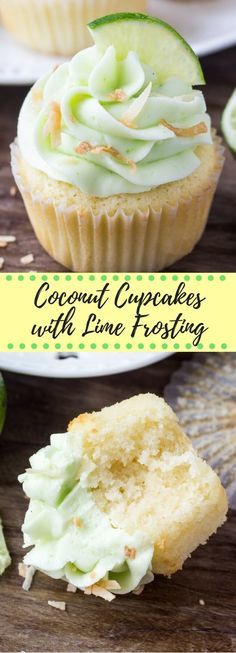 coconut cupcakes with lime frosting on a wooden table next to a slice of lime