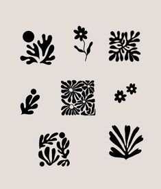 various black and white designs on a gray background, including leaves, flowers, and circles