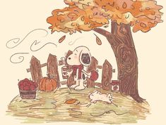 a drawing of a dog sitting on a bench next to a tree and pumpkins