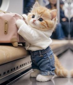 an orange and white kitten wearing jeans standing next to a pink purse on top of a conveyor belt