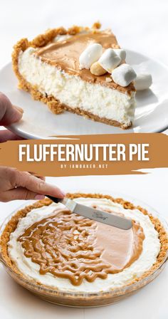 Two images of Fluffernutter pie.  The first shows a slice of pie on a white plate, topped with marshmallows and peanuts.  The second shows the pie with peanut butter drizzled over the top.  An offset spatula is spreading the peanut butter mixture over the pie. Fluffernutter Pie, Marshmallow Filling, Pie Pops, Easy Pie Recipes, Peanut Butter Desserts, Easy Pie, Perfect Pies, Peanut Butter Recipes, Delicious Pies