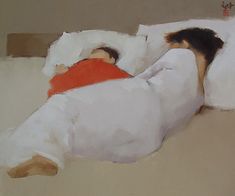 a painting of two people laying on a bed with white sheets and red pillow covers