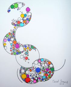 an abstract drawing with circles and dots on white paper, in the shape of a spiral