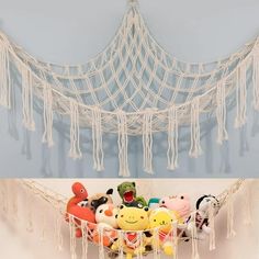 there is a hammock with stuffed animals in it and some tassels hanging from the ceiling