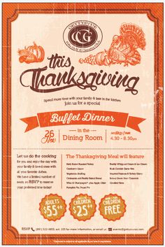 this thanksgiving dinner flyer is designed to look like an old - fashioned poster with the words,