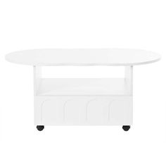 a white table with wheels on the bottom and an open shelf below it, against a white background