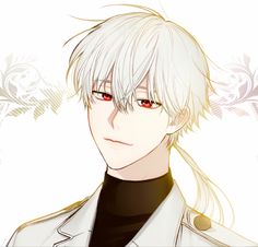 an anime character with blonde hair and red eyes wearing a white jacket, black turtle neck sweater