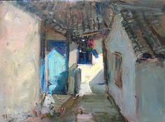 an oil painting of a narrow alleyway with white buildings and blue doors, on a sunny day