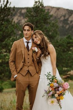 a bride and groom posing for a photo