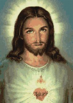 jesus is shown in this cross stitched image with the words jesus on his chest