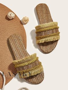 Lasaky - Exquisite Bohemia Flat Slide Sandals with Furry Ball Fringe and Straw Embellishments Black Grass, Fashion 90s, Girly Shoes, Swimsuit Cover Ups, Hats For Sale, List Style, Tank Top Cami, Winter Looks, Beach Style