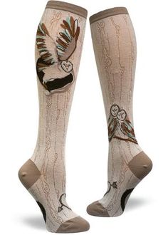 Barn Owl Knee Socks for women with a woodgrain-patterned background taupe and carved heart on the foot Owl Socks, Fall Socks, Owl Women, Womens Knee High Socks, Sock Lovers, Funky Socks, Carved Heart, Socks For Women, Crazy Socks