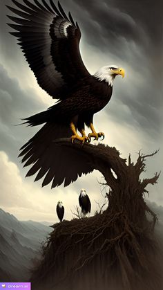 an eagle is perched on top of a tree branch with three other birds in the background