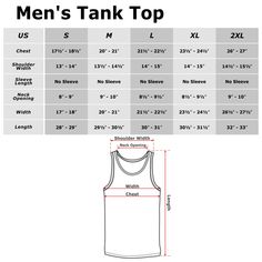 men's tank top size chart with measurements for the front, back and side views