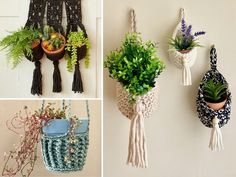 four different hanging planters with plants in them and one holding a potted plant