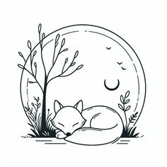 a black and white drawing of a fox sleeping in the grass under a full moon