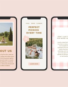 three mobile phone screens with photos and text on them, one is pink and the other is