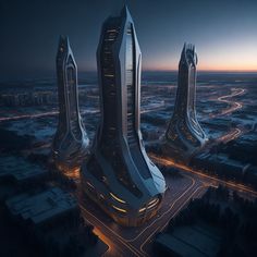 an aerial view of some futuristic buildings in the middle of a city at night time