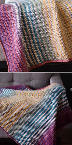 two pictures show the same blanket that is made with yarn and crocheted in different colors