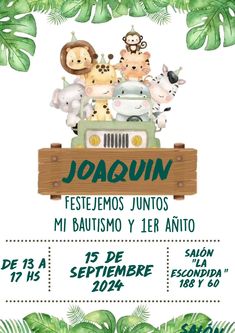 an advertisement for the event with animals and people riding in a car on top of a wooden