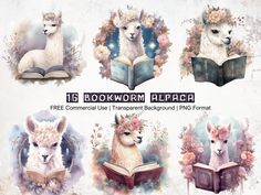 the llamas are reading books with flowers around them