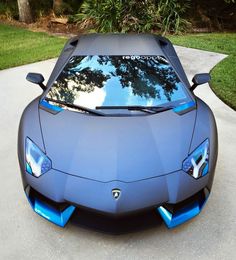 the front end of a blue sports car parked on top of a cement road next to a lush green park