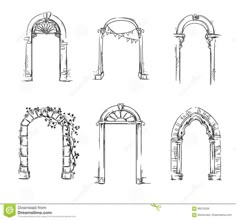 set of hand drawn archs with flowers and vines on white background, sketched