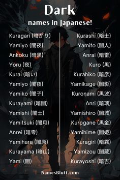 an anime poster with the names of characters in japanese and english words on it's side