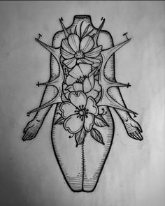 a drawing of a vase with flowers on it