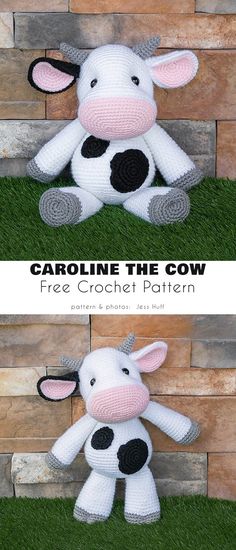 two pictures of a stuffed cow sitting in the grass with text overlay that reads, carolina the cow free crochet pattern