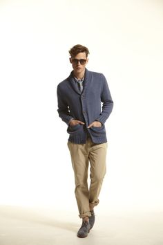 Guy Robinson for Henri Lloyd Spring/Summer 2012 Key Looks Mens Knitwear, Henri Lloyd, Key To Success, We Wear, Shawl Collar, Put On, Sweater Cardigan, Khaki Pants