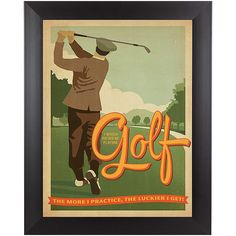 an old style golf poster with a man swinging a golf club and the words golf on it