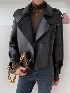 Chic Fall Biker Jacket With Lapel Collar, Chic Biker Jacket With Lapel Collar For Fall, Trendy Double-breasted Leather Jacket For Winter, Chic Collared Biker Jacket For Work, Leather Biker Jacket With Long Sleeves For Office, Leather Biker Jacket For Office, Collared Faux Leather Winter Outerwear, Chic Fall Leather Jacket With Lapel Collar, Trendy Winter Leather Jacket For Office