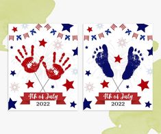 two patriotic handprints are on the side of a card