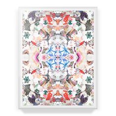 an art print with colorful flowers and leaves on the bottom, in white frame against a white background