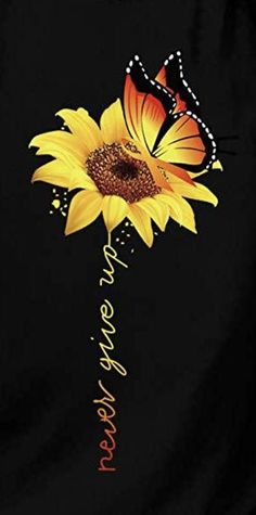 a sunflower with a butterfly on it and the words nevermoren written in gold