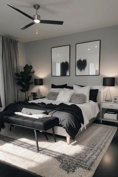 Grey And Black Home Decor, Dream Bedroom Black And White, Apartment Aesthetic Bedroom Dark, Bedroom Floor Decor Ideas, Grey Bedroom Decoration Ideas, Black White Grey Apartment Decor, Cute Bedroom Ideas Black And White, Black And White Grey Bedroom, Bedroom Inspirations Grey And Black