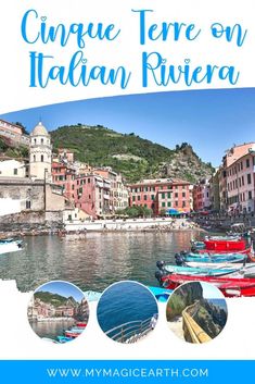 boats in the water near buildings and mountains with text reading cinque tere on italian riviera